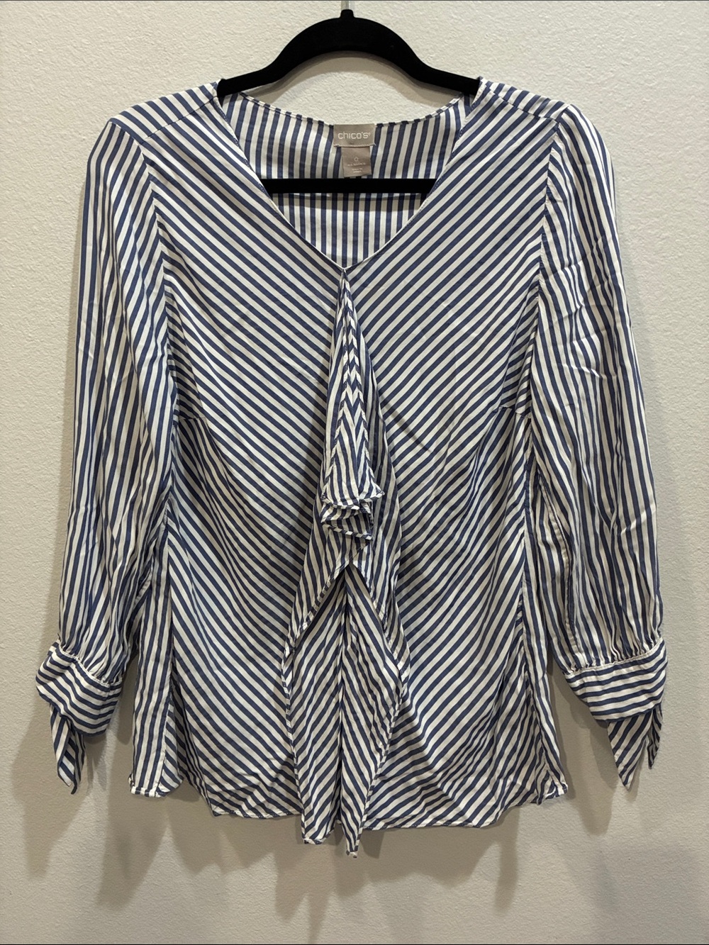 Chico's Navy and White Striped V-Neck Blouse